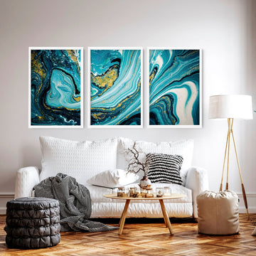 Teal painting | set of 3 Abstract Marble wall art prints