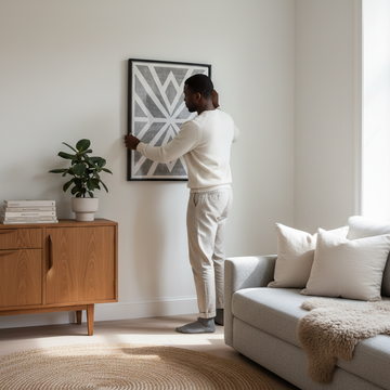 Bright Scandi living room with grey walls and warm wood accents featuring modern wall art