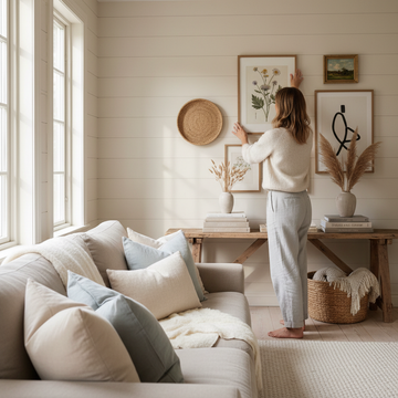 Bright Scandinavian farmhouse living room with rustic wood furniture and soft textures