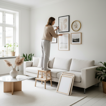 Minimalistic Scandinavian living room with framed pictures hung above a sofa