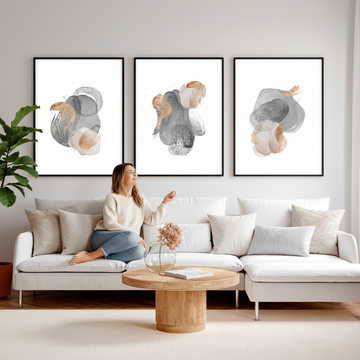 Large living room with Scandinavian style bright decor featuring oversized framed art on a big blank wall