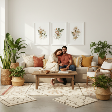 Bright boho living room with Scandinavian minimalism, natural wood, layered textiles, and warm tones