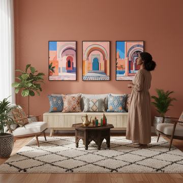 Bright minimalistic Scandi styled living room with cultural wall art over sofa