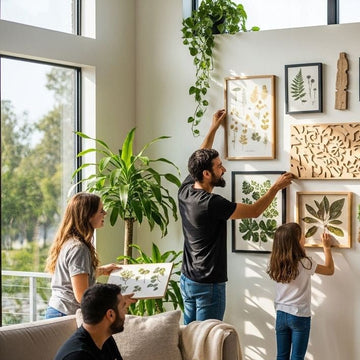 A family arranging nature inspired wall art with botanical prints in a bright living room