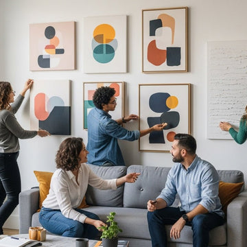 Four people arranging a gallery wall of colourful abstract art prints in a bright living room