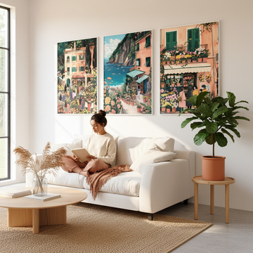 Bright minimalist Scandinavian interior with flexible layout and modern wall art