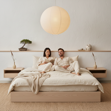 A serene bedroom featuring a calm bedroom accent wall in muted sage green with Japandi styling