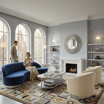 Elegant art deco style living room with blue sofa, marble fireplace and geometric rug