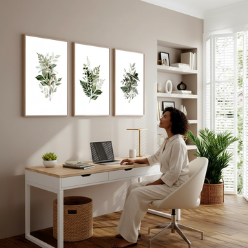 Minimalist home office workspace showcasing affordable wall art arrangements in neutral tones.
