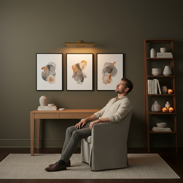 Serene basement home office with soft neutral tones, wall art for basement office, and natural light.