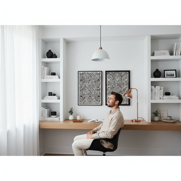 Serene office workspace with neutral décor and thoughtfully selected wall art for small space