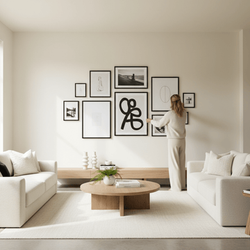 Woman arranging a collection of black and white art on a bright living room wall