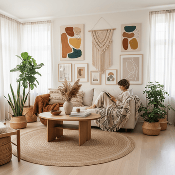 A bright living room featuring boho art prints, macramé wall hanging, and houseplants