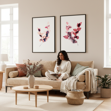 Woman reading on a beige sofa beneath framed botanical prints, reflecting current interior trends