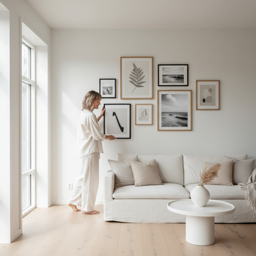 Woman arranging a gallery wall of framed artwork in a bright minimal Scandinavian living room with natural light and oak flooring