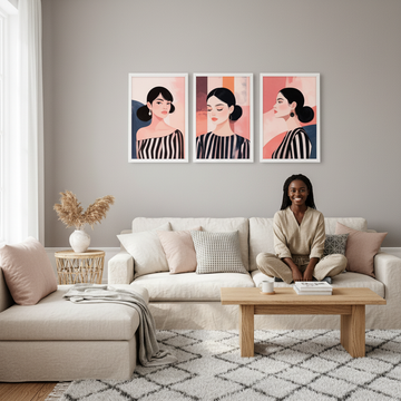 Bright Scandi-inspired living room with calming wall art and natural light