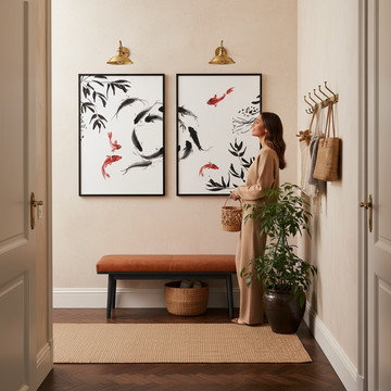 Bright hallway with wall art hanging above console table, demonstrating how wall art for cluttered hallway creates visual focus and calm.