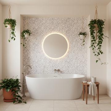 Modern bathroom with bold botanical wallpaper as an alternative to traditional framed wall art.