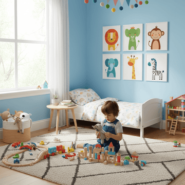 Young child playing with wooden blocks in a bright blue bedroom with animal wall art