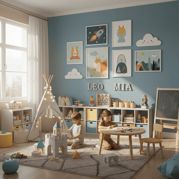 Bright shared playroom featuring colourful children's room wall art ideas above toy storage shelves