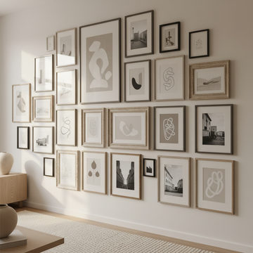 Gallery wall with mixed art style types in neutral greys, beiges and black frames