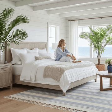 Woman sitting on a white bed in a bright coastal bedroom overlooking the sea