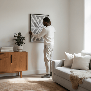 A man in neutral tones hanging geometric grey wall art in a bright living room