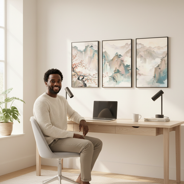 Bright and minimalistic Scandinavian style home office with calming wall art above desk