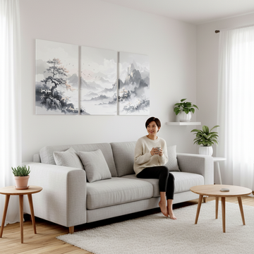 Bright Scandi living room showing canvas vs framed prints on the walls