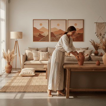 Woman arranging a terracotta vase on a rustic table, showcasing warm boho room decor ideas