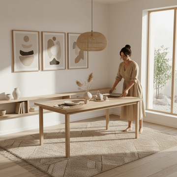 Woman arranging table settings beneath three framed prints, showcasing calm dining room wall art ideas