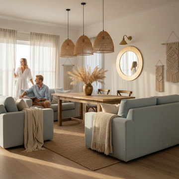 Modern coastal decor living room with woven pendant lights, grey sofas, and macramé wall hangings