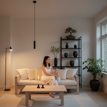 A serene Japandi living room demonstrating considered lighting for japandi spaces, bathed in warm amber tones