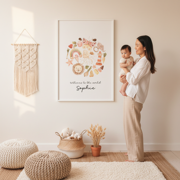 Serene child's bedroom showcasing how bohemian wall art complements a calm, minimalist kids' space.