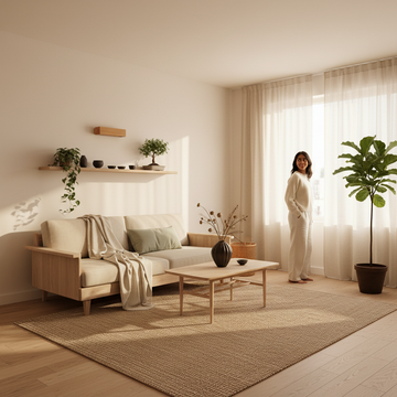 A serene japandi small living room styled with neutral tones, natural wood, and minimal furnishings