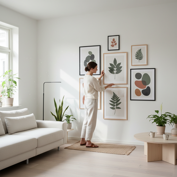 Bright Scandi inspired living room with textured wall art and indoor plants