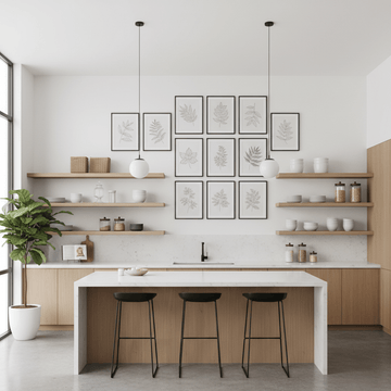 A minimalist kitchen featuring a grid of botanical line drawings as art for kitchen walls