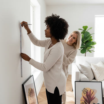 Person measuring wall ready to hang wall art like a pro with another person giving instructions in the background