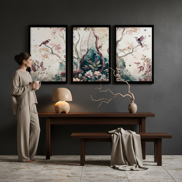 Stylish woman with ceramic mug in Japandi living room with Chinoiserie wall art prints on charcoal walls