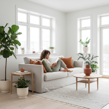 Bright minimalist Scandinavian bedroom with woman arranging a throw on linen bedding with framed art and indoor plant