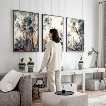 Minimalistic living room with person admiring set of 3 perfectly framed botanical wall art prints