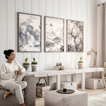 Bright Scandinavian living room with well-decorated large wall featuring framed art and shelves