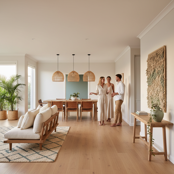 Modern open concept living space demonstrating how colour schemes define separate zones while maintaining visual harmony.