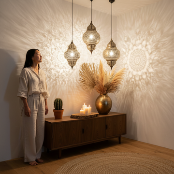 A warmly lit bohemian living room showcasing layered lighting in boho decor with rattan and candles