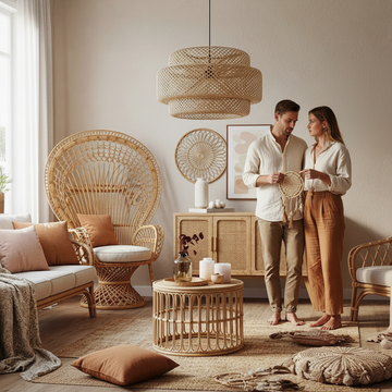 Serene boho living room with carefully curated decor in warm neutrals and muted tones, demonstrating balanced styling.