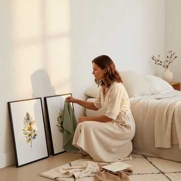 Serene living room with neutral tones showcasing how to select a colour palette for wall art