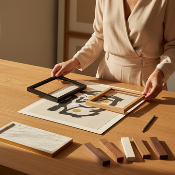 Contemporary wall art framed in a minimalist interior with natural light and neutral tones.