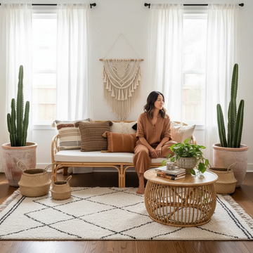 A styled boho living room showing how to update boho without redecorating using layered textiles and plants