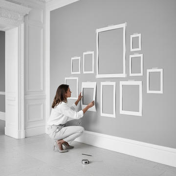 Person sketching gallery wall layout on paper at home workspace with pencil and ruler.