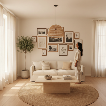 A styled apartment living room featuring a nail-free gallery wall with mixed frames and prints